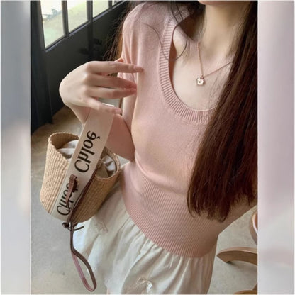Button Back Short Sleeve Crop Knit Top