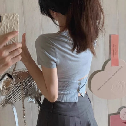 Button Back Short Sleeve Crop Knit Top