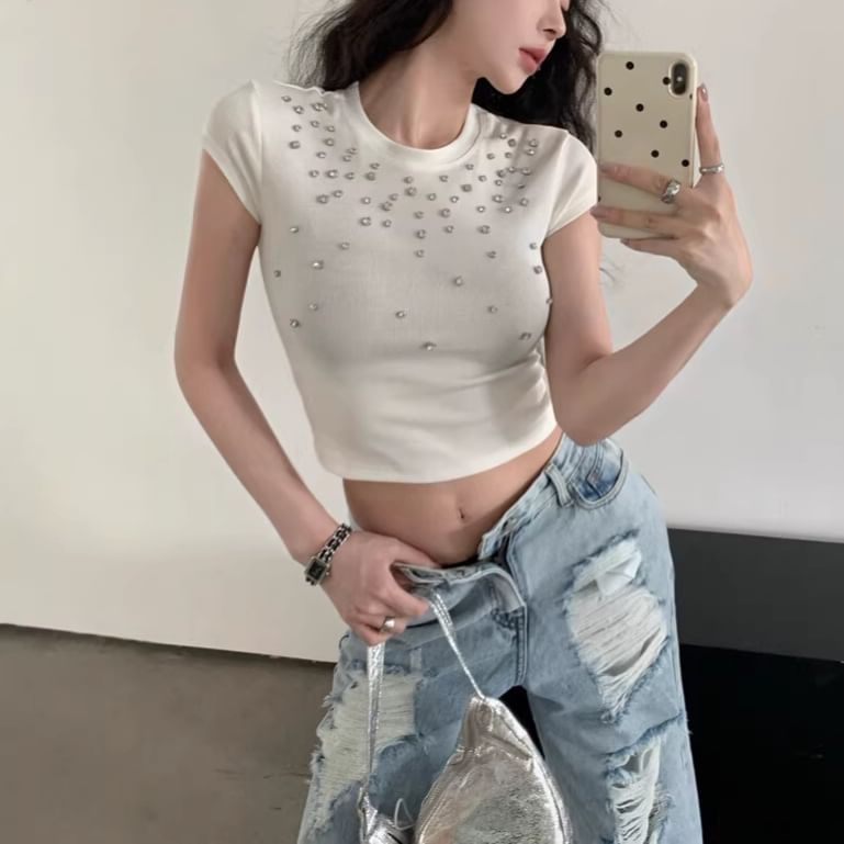 Beaded Crewneck Short Sleeve Crop Knit Top