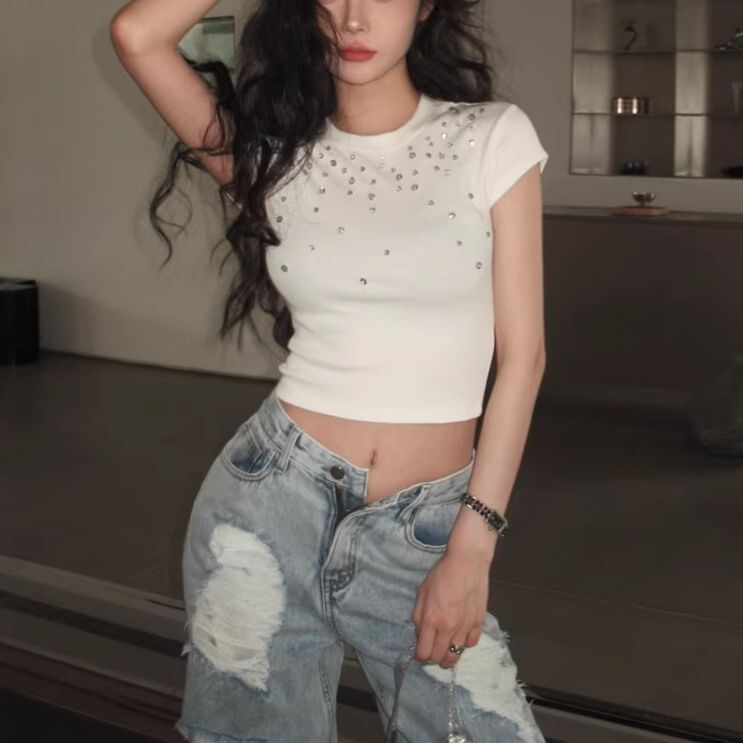Beaded Crewneck Short Sleeve Crop Knit Top