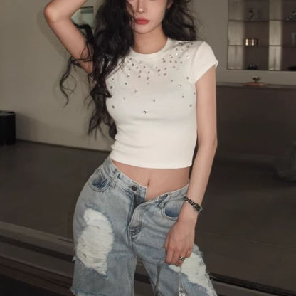 Beaded Crewneck Short Sleeve Crop Knit Top