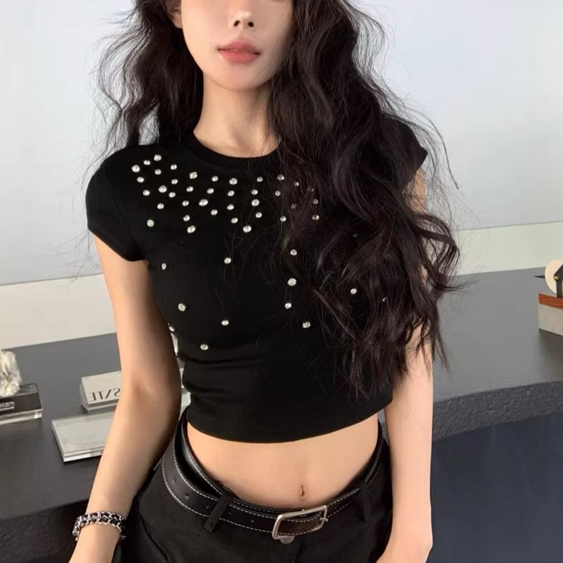 Beaded Crewneck Short Sleeve Crop Knit Top