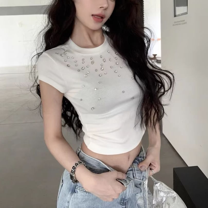 Beaded Crewneck Short Sleeve Crop Knit Top
