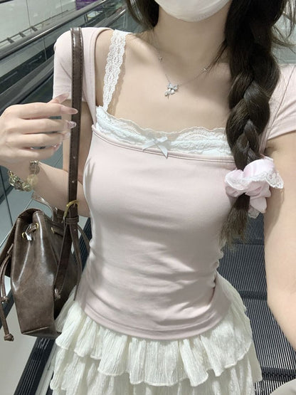 Lace Trim Square Neck Short Sleeve Crop Top