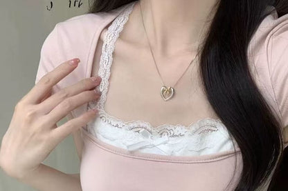 Lace Trim Square Neck Short Sleeve Crop Top