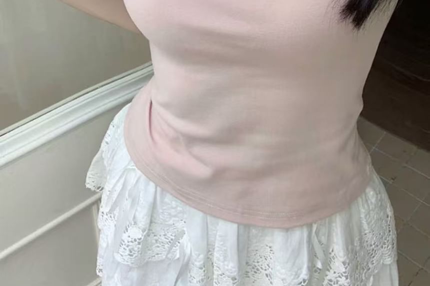 Lace Trim Square Neck Short Sleeve Crop Top
