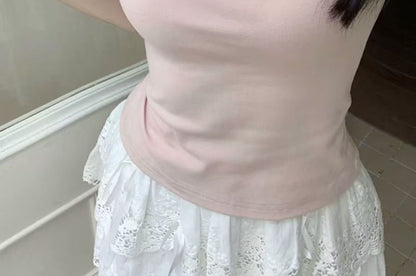 Lace Trim Square Neck Short Sleeve Crop Top