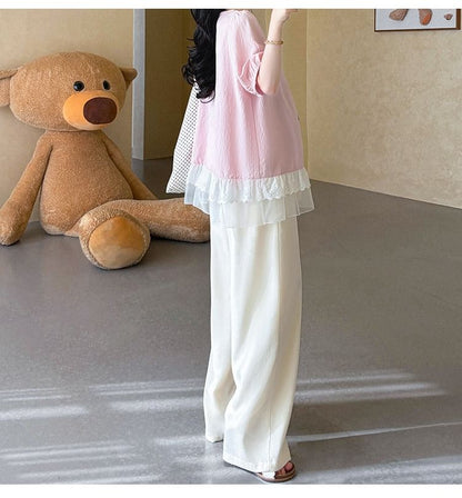 Maternity Puff-Sleeve Scoop Neck Plain Lace Trim Blouse / High Waist Wide Leg Pants