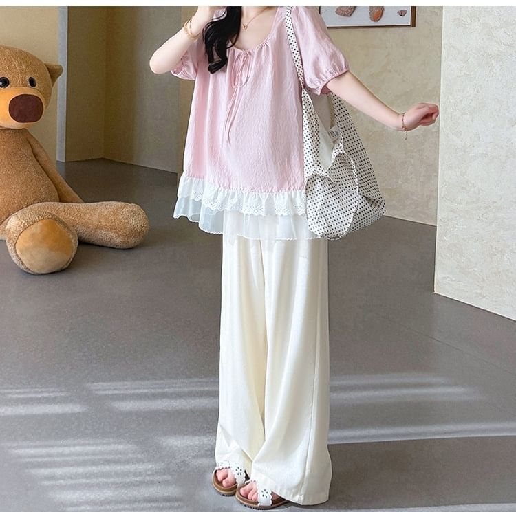 Maternity Puff-Sleeve Scoop Neck Plain Lace Trim Blouse / High Waist Wide Leg Pants