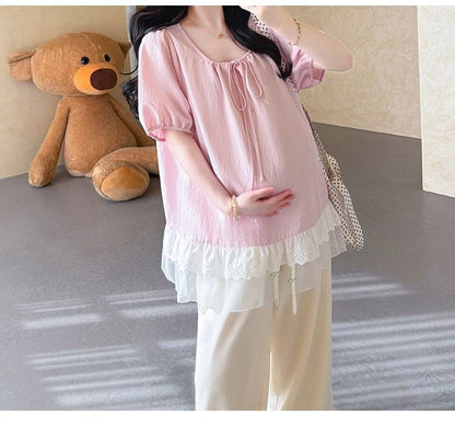 Maternity Puff-Sleeve Scoop Neck Plain Lace Trim Blouse / High Waist Wide Leg Pants