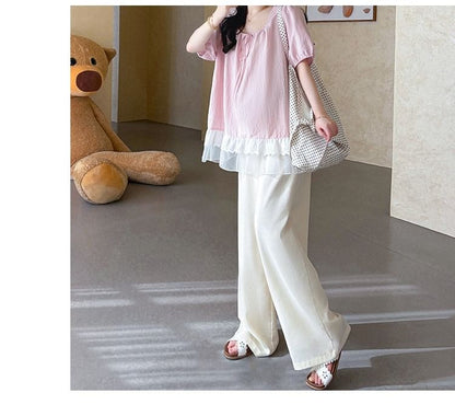 Maternity Puff-Sleeve Scoop Neck Plain Lace Trim Blouse / High Waist Wide Leg Pants