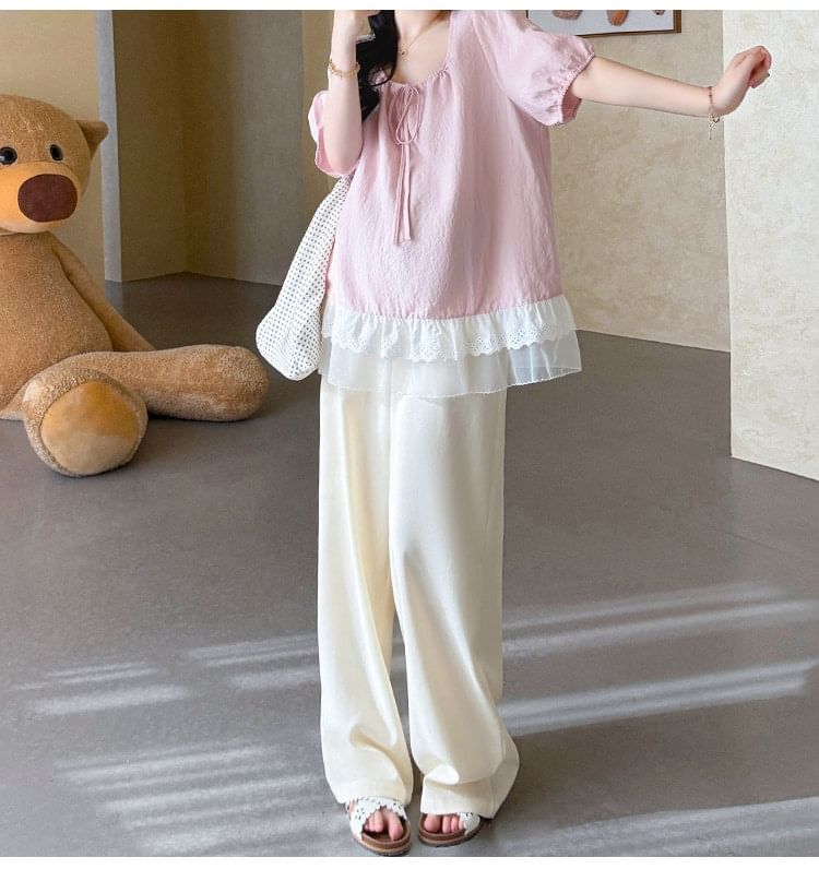 Maternity Puff-Sleeve Scoop Neck Plain Lace Trim Blouse / High Waist Wide Leg Pants