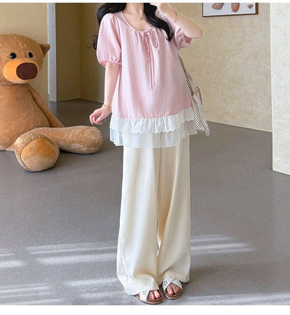 Maternity Puff-Sleeve Scoop Neck Plain Lace Trim Blouse / High Waist Wide Leg Pants