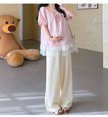 Maternity Puff-Sleeve Scoop Neck Plain Lace Trim Blouse / High Waist Wide Leg Pants