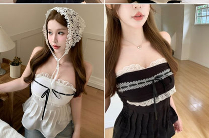 Lace Trim Pintuck Padded Crop Tube Top