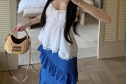 Sleeveless V-Neck Lace Top / Mid Waist Asymmetrical Maxi Skirt