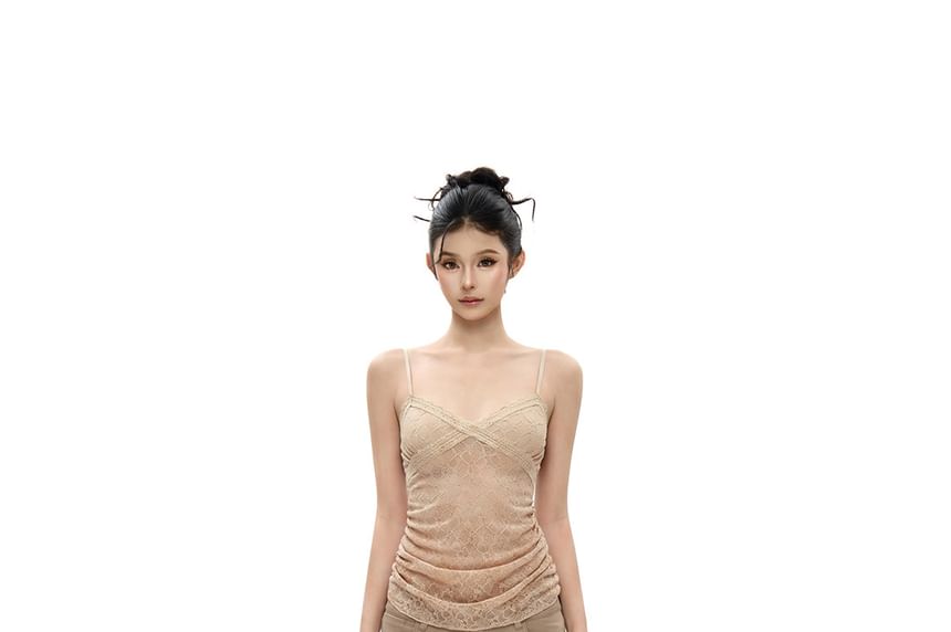 Ruched Lace Crop Camisole Top V-Neck Slim