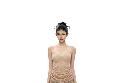 Ruched Lace Crop Camisole Top V-Neck Slim