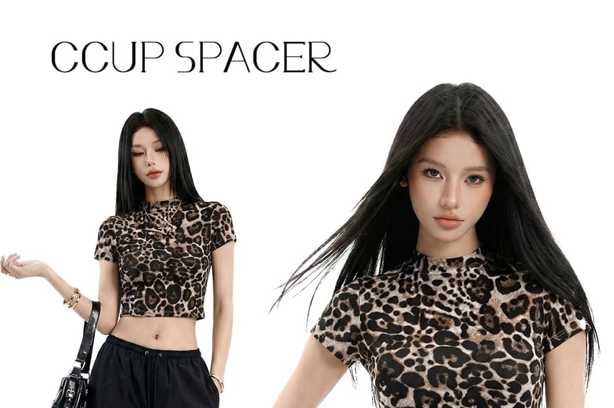 Mock Neck Leopard Print Crop T-Shirt Short Sleeve