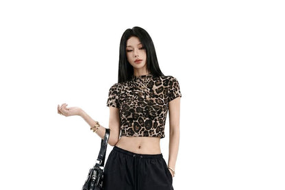 Mock Neck Leopard Print Crop T-Shirt Short Sleeve