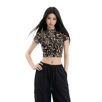 Mock Neck Leopard Print Crop T-Shirt Short Sleeve