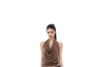 Open Back Crop Top with Halter Cowl Neck