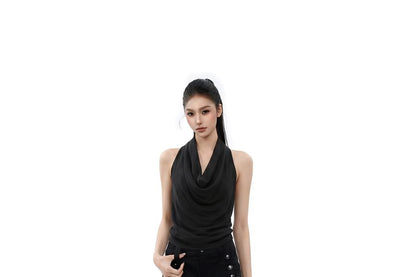 Open Back Crop Top with Halter Cowl Neck
