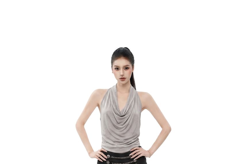 Open Back Crop Top with Halter Cowl Neck