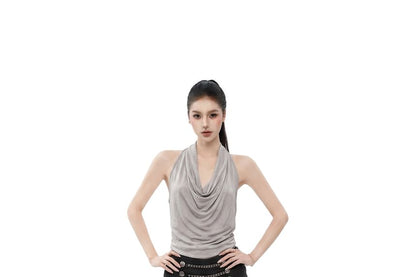 Open Back Crop Top with Halter Cowl Neck