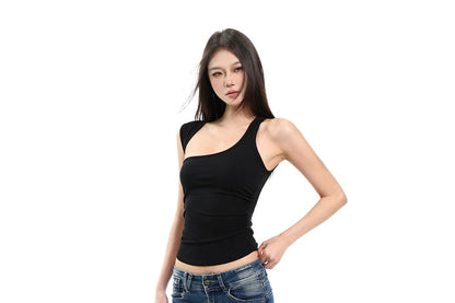 Asymmetrical Neck Crop Tank Top Slim Fit