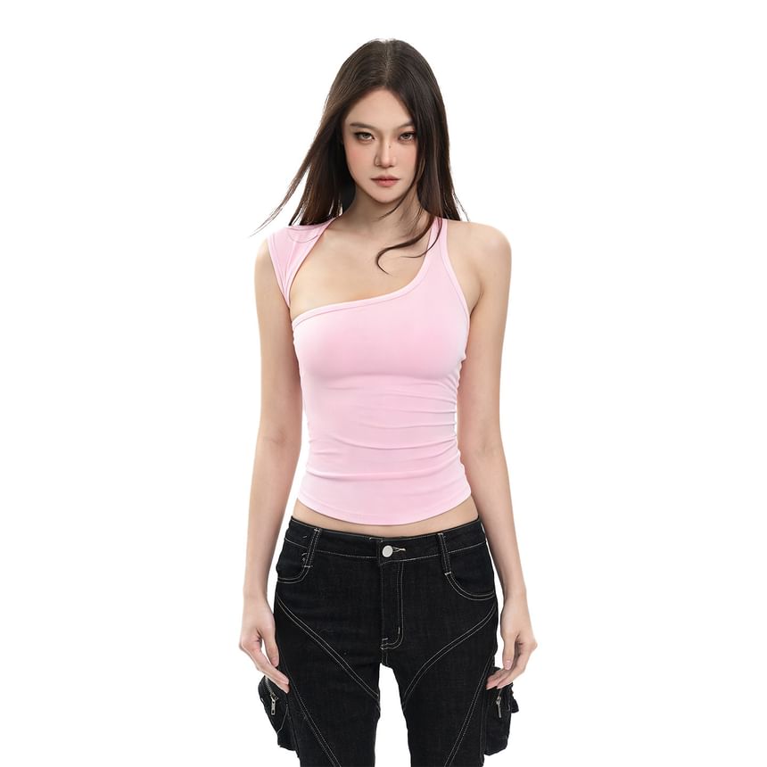 Asymmetrical Neck Crop Tank Top Slim Fit