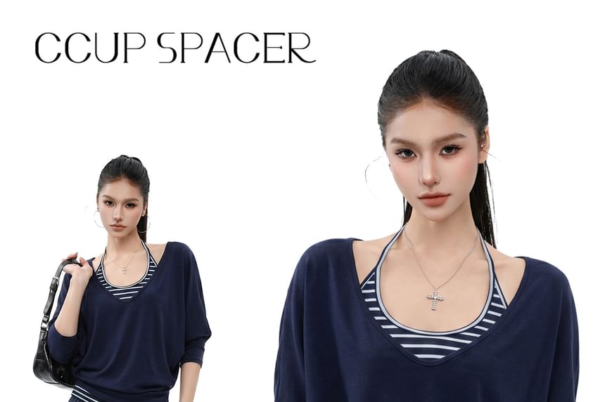 Halter Neck Striped Top Set with T-Shirt
