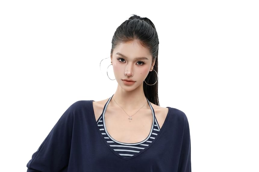 Halter Neck Striped Top Set with T-Shirt