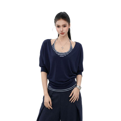 Halter Neck Striped Top Set with T-Shirt