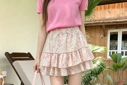 Mid Rise Floral Ruffle Mini A-Line Skirt