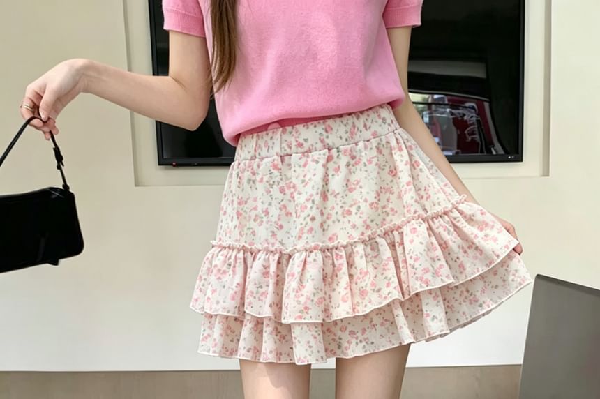 Mid Rise Floral Ruffle Mini A-Line Skirt