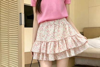 Mid Rise Floral Ruffle Mini A-Line Skirt