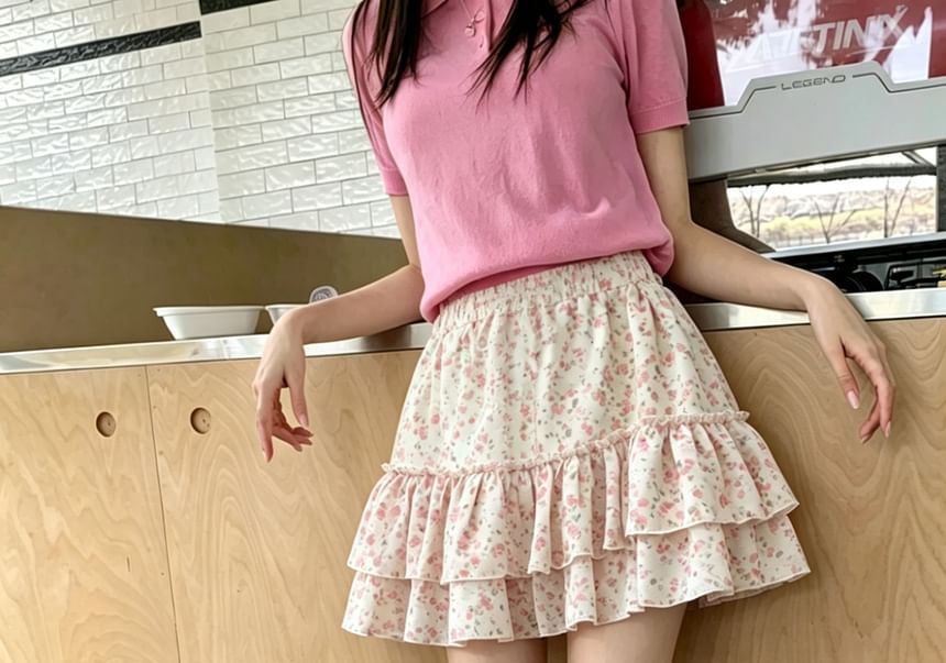 Mid Rise Floral Ruffle Mini A-Line Skirt