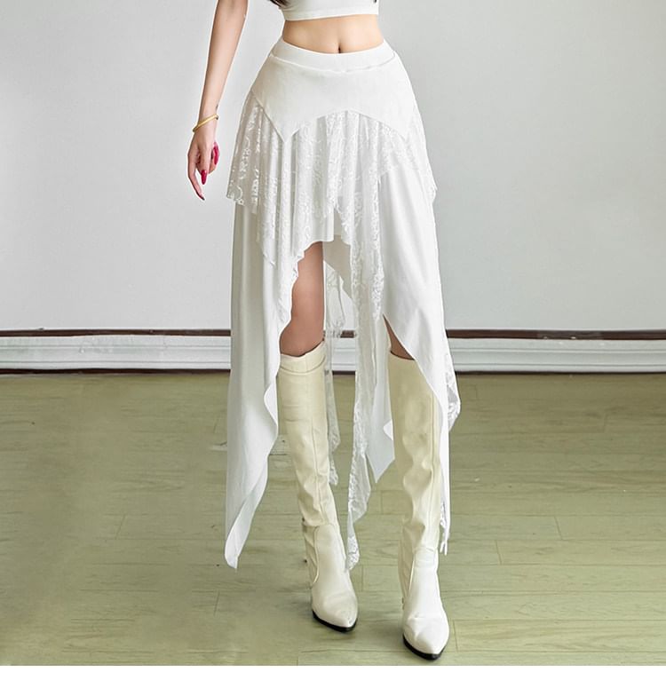 Mid Rise Asymmetrical Lace Panel A-Line Skirt