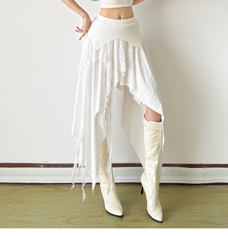 Mid Rise Asymmetrical Lace Panel A-Line Skirt