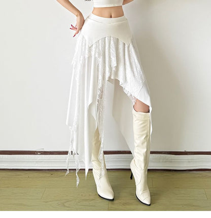 Mid Rise Asymmetrical Lace Panel A-Line Skirt