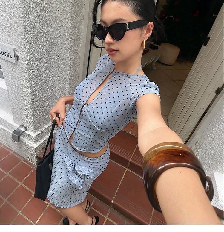 Short-Sleeve Crew Neck Polka Dot Cutout Sheer Crop Top / Low Rise A-Line Skirt
