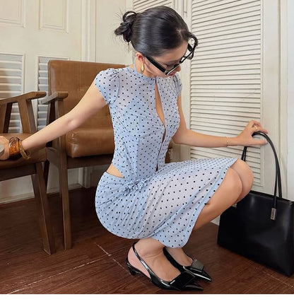 Short-Sleeve Crew Neck Polka Dot Cutout Sheer Crop Top / Low Rise A-Line Skirt