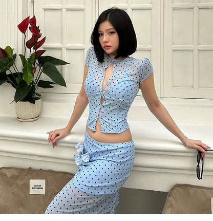 Short-Sleeve Crew Neck Polka Dot Cutout Sheer Crop Top / Low Rise A-Line Skirt