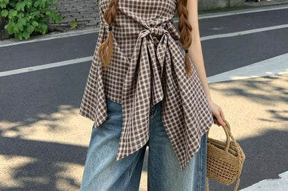 Plaid Tube Top with Asymmetrical Tie Waist