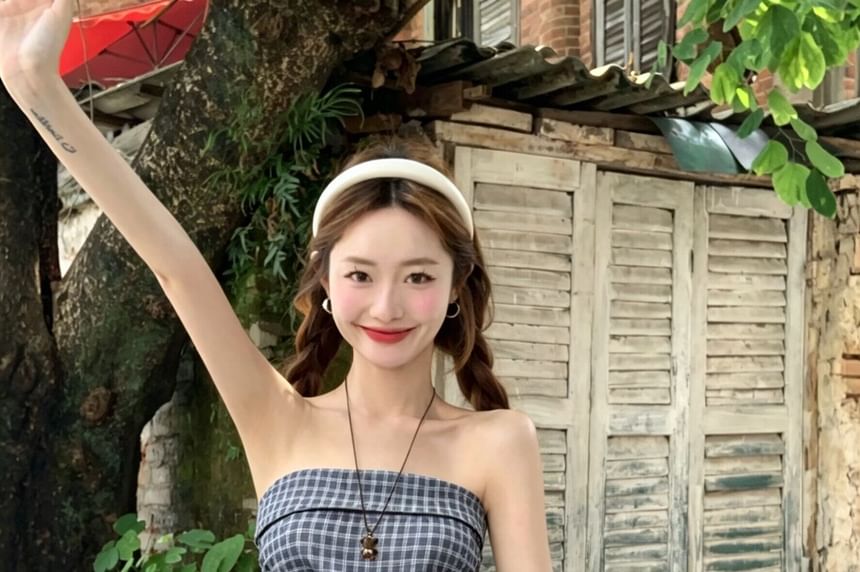 Plaid Tube Top with Asymmetrical Tie Waist