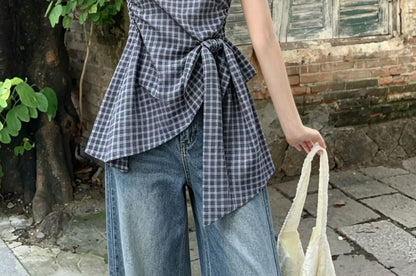 Plaid Tube Top with Asymmetrical Tie Waist