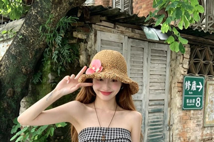 Plaid Tube Top with Asymmetrical Tie Waist