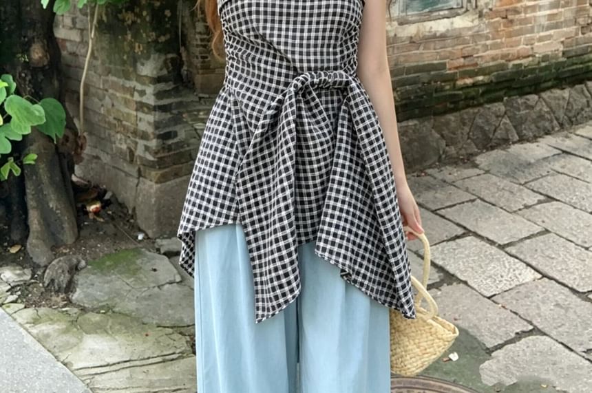 Plaid Tube Top with Asymmetrical Tie Waist