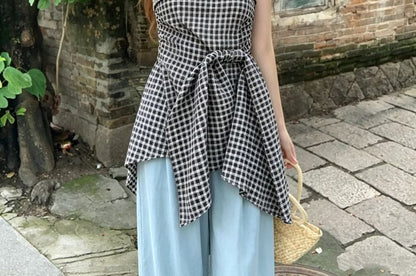 Plaid Tube Top with Asymmetrical Tie Waist